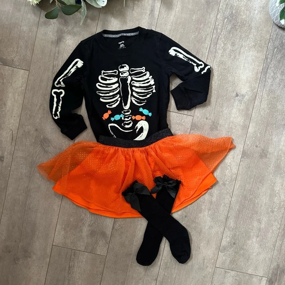 Halloween Glow in the Dark Top, Tutu Skirt, Knee High Socks 3-Piece Outfit Set